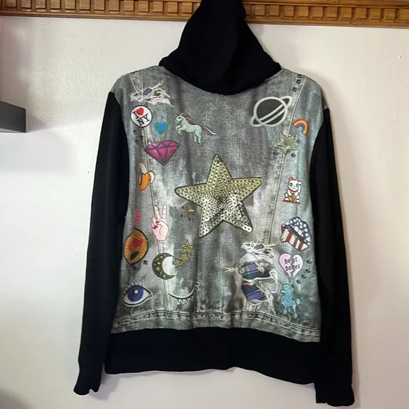 Terez Black Zip Up Hoodie Jacket with Graphic 80’s- 90’s Design. Size Medium - Picture 4 of 8